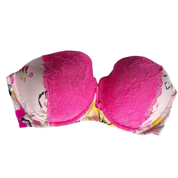 Cacique Lightly Lined Multi-way Strapless Bra Size 40DDD Floral Print Pink Lace - Picture 1 of 16